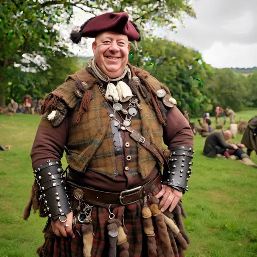 Prompt: <mymodel>As a 18th century Scottish clansman reddy for battle photo Realistic hd full length boddy smiling 