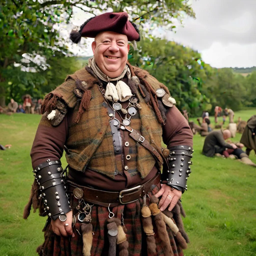 Prompt: <mymodel>As a 18th century Scottish clansman reddy for battle photo Realistic hd full length boddy smiling 