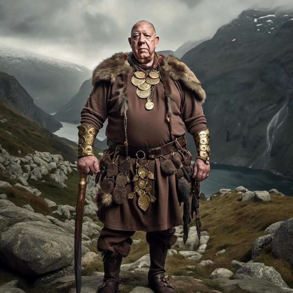 Prompt: <mymodel>As a viking full length photo Realistic with viking  sowed and weapons all so wearing  gold artifacts 