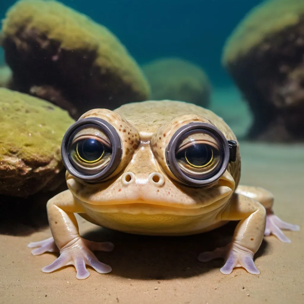 Prompt: a species of previously unknown sea amphibian that sits on the bottom looking like a smooth, round rock with wide pearlike eyes & a huge mouth. A little hat and goggles 