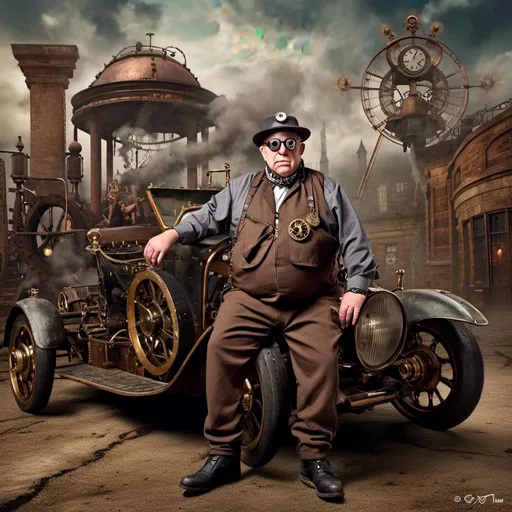 Prompt: <mymodel> in the stiles of steampunk in a steampunk background photo Realistic wearing goggles on a steem car