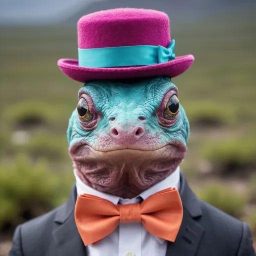 Prompt: An HD photograph of a creature unlike anything on Earth or in the seas, living on a planet with 700 times Earth's gravity. Wearing a colorful hat and a bow tie 