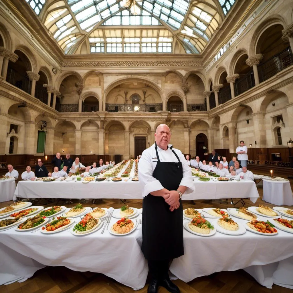 Prompt: <mymodel>As a top chef standing in a very larg Banqueting room 