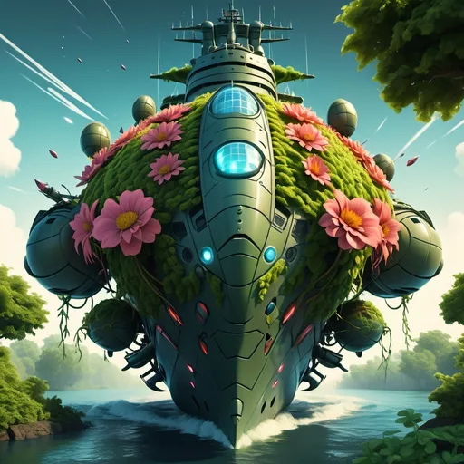 Prompt: Ship Design (Cartoon Style - Florel Battleship): The Florel battleships resemble towering, animated fortresses of nature floating in space, with thick, intertwined vines and massive trees forming an imposing, armor-like hull. The surface is covered with bold, oversized plants and glowing, vibrant flowers, but with a tougher, more resilient look, ready for battle. Powered by bio-energy, these battleships are self-sustaining ecosystems, their dense plant life not just decorative but functional, absorbing energy and repairing damage. The vines twist and flex, almost alive, while powerful energy cannons hidden among the trees unleash devastating attacks. The plants have a slightly exaggerated, vibrant look, giving the battleship a dynamic, fierce presence, but with a subtle cartoon edge that makes it feel both natural and powerful.