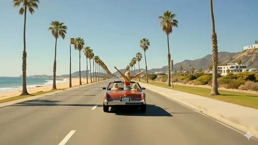 Prompt: Cruising down a sun-kissed coastal road, a vibrant red convertible glides along the palm-lined boulevard, with vast ocean waves crashing against the sandy beach on the left. There are four young women in the car. Happy. The joyful blonde young woman is leaning from the backseat, arms outstretched towards the clear blue sky, embodies a carefree spirit and excitement, while the scenic backdrop features rolling hills. The warm golden hour light bathes the scene in a soft, inviting glow, enhancing the picturesque atmosphere of a perfect day. A sense of adventure and freedom permeates the image, capturing a quintessential summer road trip vibe amidst the beauty of Southern California in 2000 summer. 