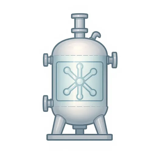 Prompt: Engineering style schematic icon of a vertical chemical reactor, cylindrical vessel, top inlet pipe, bottom outlet pipe, side outlet pipe, internal mixing blades visible, light silver body with soft blue shading, grey pipes, clear engineering lines, PNG, 512x512, transparent background