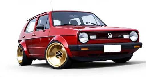 Prompt: a dark red golf 1 with a gold wheels on it's tires, on a white background 
