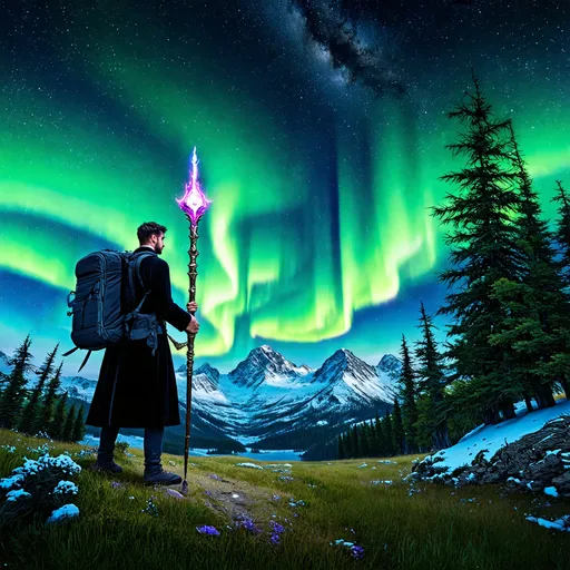 Prompt: Thin black dresser man, hiking, holding magic staff, fantasy world, landscape, fantasy style, majestic snowy mountains, lush forests, northern lights, aurora borealis, night, star sky, milky way, ethereal lighting