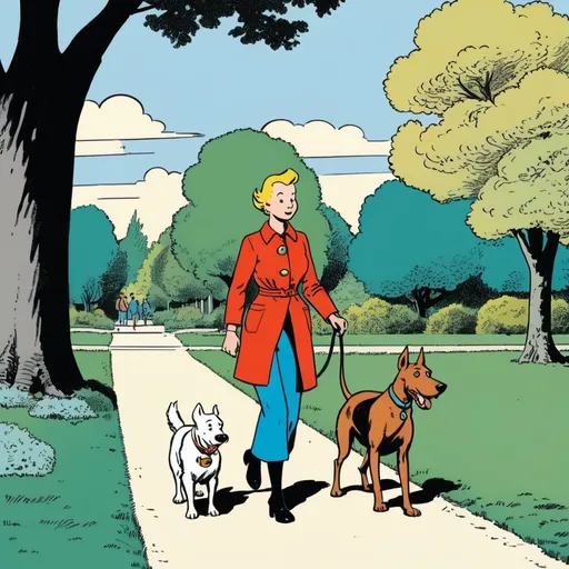 Prompt: woman walking with her dog in a park, 2d comic book panel, in the style of Tintin by Hergé