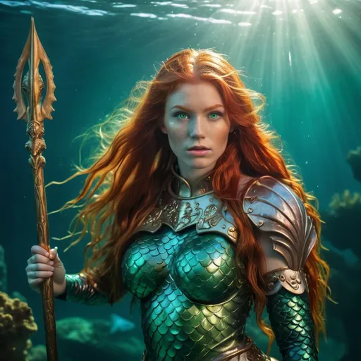 Prompt: An award winning portrait of a  red headed long hair mermaid with wide almond shaped green eyes wearing ceremonial warrior armor under water near an underwater city with volumetric lighting coming from the sun