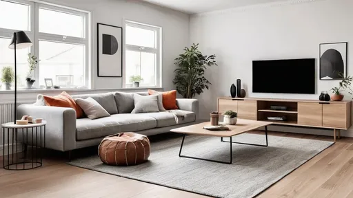 Prompt: modern living room furniture, (sleek design), Scandinavian style, minimalist aesthetic, vibrant accents, cozy ambiance, warm lighting, hardwood flooring, elegant decor, inviting atmosphere, HD, ultra-detailed, spacious layout, contemporary color palette, innovative storage solutions