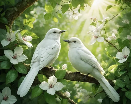 Prompt: green-and-white birds, (vibrant), perched in lush green foliage, soft sunlight filtering through the leaves, creating dappled light patterns, serene ambiance, highly detailed feathers glistening, surrounded by delicate blossoms, nature-inspired scene, enchanting atmosphere, HD, incredible depth, welcoming vibe, tranquil setting, showcasing the beauty of nature.