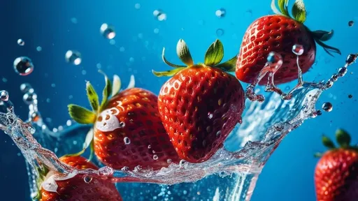 Prompt: (Juicy strawberries plunging into sparkling water), captured mid-air just before impact, vibrant red contrasted against cool azure tones, surrounded by a shower of shimmering droplets, ultra-realistic, high-speed photography, dramatic slow motion effect, dynamic splashes, breathtaking clarity, visually stunning, crisp details, alluring freshness, pristine environment.