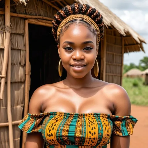 Prompt: Chioma, a busty, very beautiful, light skinned 25 years old african lady with her hair braided all back wearing an african attire, standing infront of hut happy
