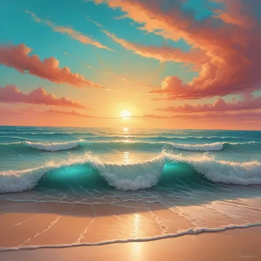 Prompt: Sunrise beach landscape, calm ocean turquoise waves, sandy shore, vibrant sunset colors, high quality, realistic, warm tones, serene lighting, highly detailed