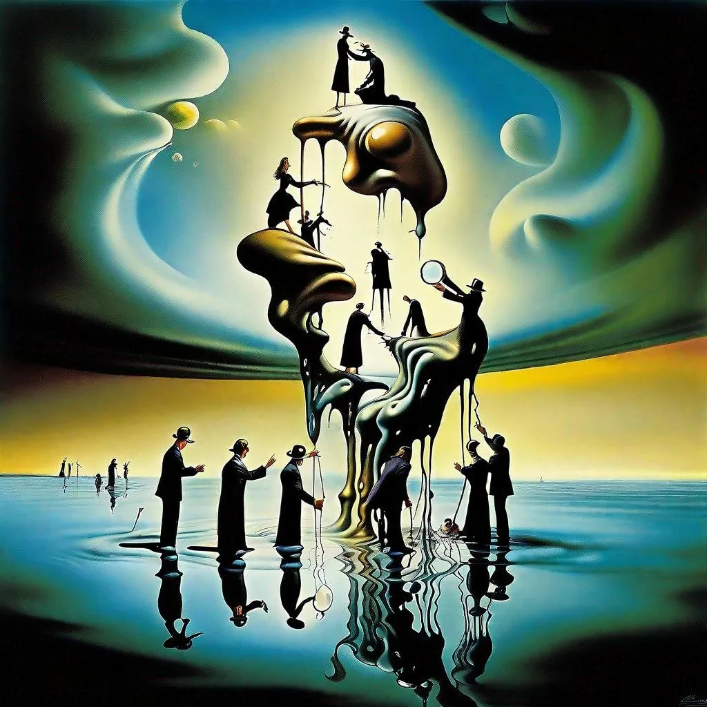 Prompt: Salvador Dalí style vision, surrealist, dreamlike, precise, melting, group of people helping each other