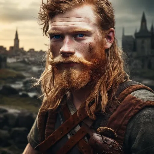Prompt: rugged young viking, ginger,  high quality, hyper-realistic, natural setting, ranger, intense gaze, detailed beard, weathered skin, cityscape background, earth tones, professional lighting