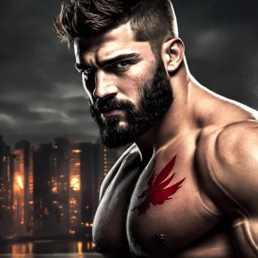 Prompt: dark hair and beard, rugby player alike, young warrior wrestler with a red monkey tattoo, high quality, hyper-realistic, natural setting, ranger, intense gaze, detailed beard, weathered skin, cityscape background, dark tones, professional lighting