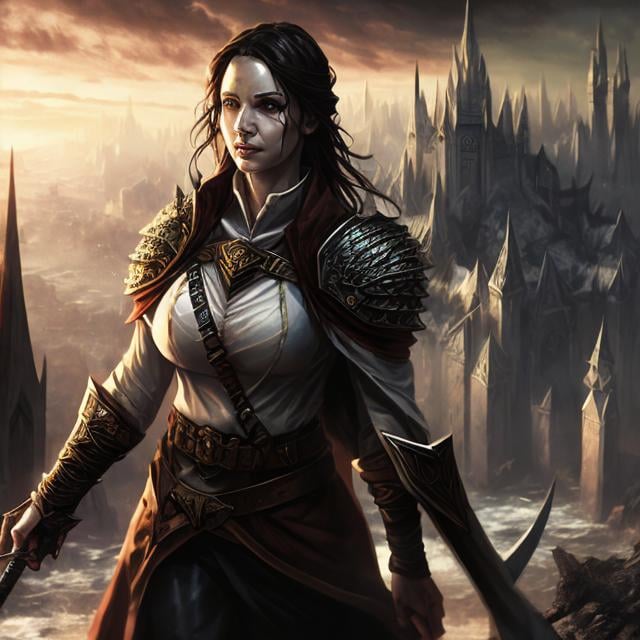 Prompt: Dungeons & Dragons alike, 40 year old woman, dark hair, prophet, diviniser, high quality, hyper-realistic, natural setting, ranger, intense gaze, weathered skin, cityscape background, earth tones, professional lighting