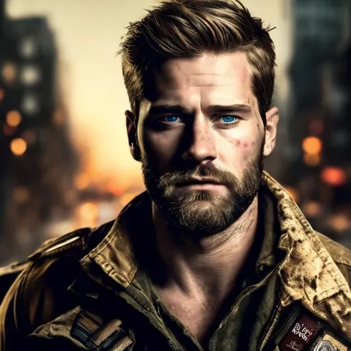 Prompt: 30 year old ranger, rugged blonde, high quality, hyper-realistic, natural setting, ranger, intense gaze, detailed beard, weathered skin, cityscape background, earth tones, professional lighting