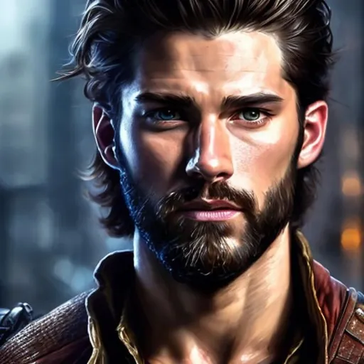 Prompt: Hyper-realistic male D&D portrait, ranger, 30 year old, detailed facial features, high quality, hyper-realistic, urban setting, ranger, intense gaze, detailed beard, weathered skin, cityscape background, earth tones, professional lighting