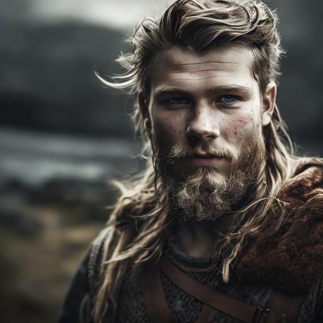 Prompt: rugged young viking, dark hair,  high quality, hyper-realistic, natural setting, ranger, intense gaze, detailed beard, weathered skin, cityscape background, earth tones, professional lighting