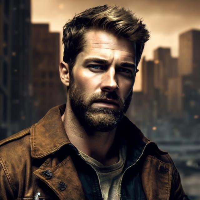 Prompt: 30 year old ranger, rugged blonde, high quality, hyper-realistic, natural setting, ranger, intense gaze, detailed beard, weathered skin, cityscape background, earth tones, professional lighting