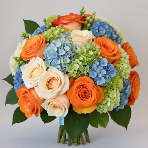 Prompt: a floral design using roses, Hydrangea, Amarantha in orange, ivory, blue, and green creating am ombre design