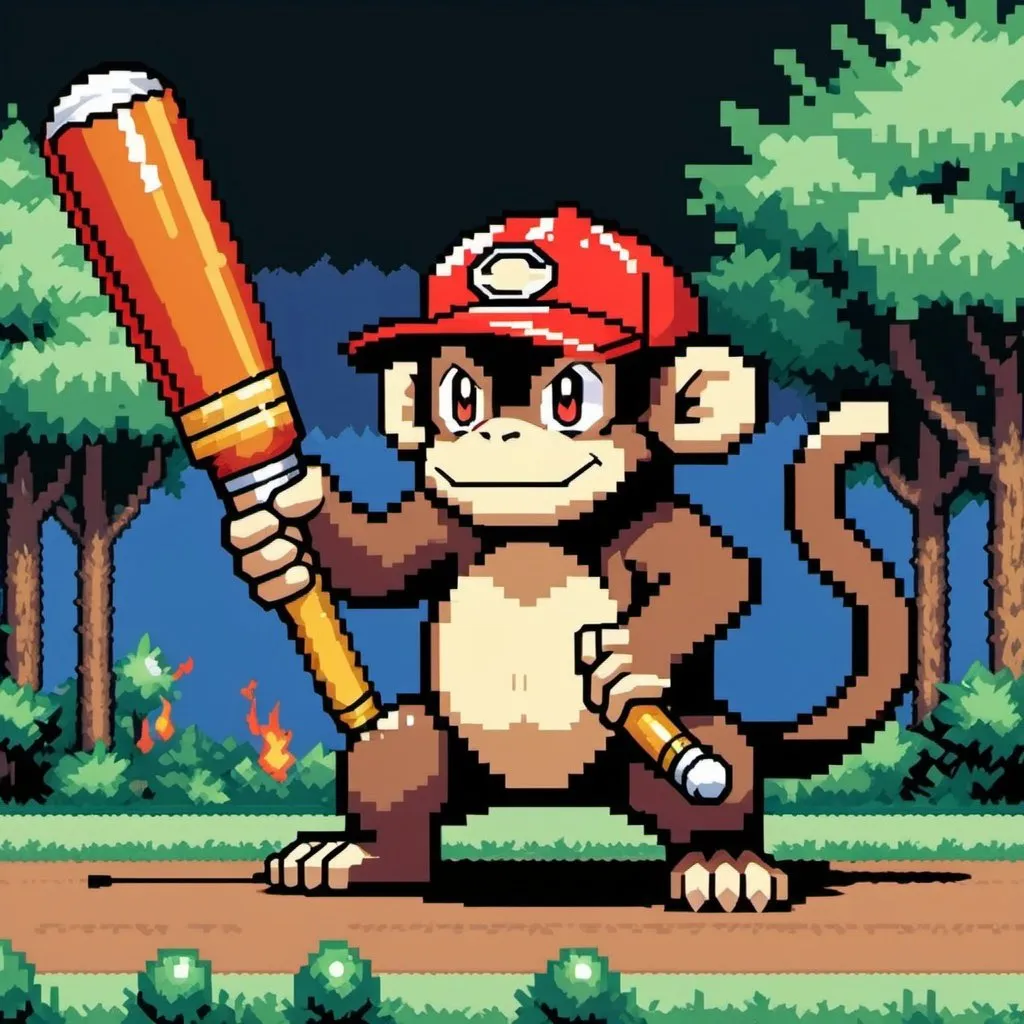 Prompt: a pokemon, monkey, fire, have a big baseball bat with 2 ball in bottom in his hand, in pixel art