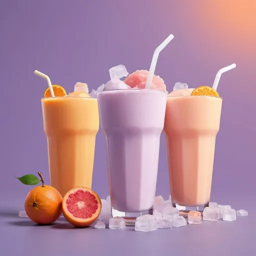 Prompt: Drink poster, make 3 drinks in 1 frame, consisting of cups of orange milk ice, grape milk ice and guava milk ice. make it more animated, make it in a cup
