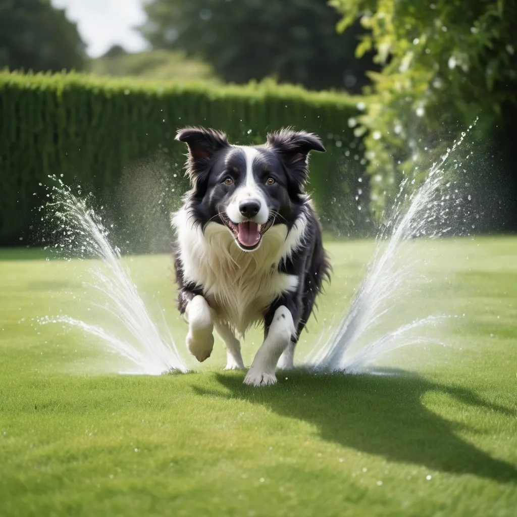 Prompt: Realistic photographic image of large, fully manicured, vividly green lawn, with playful border collie being sprayed with water