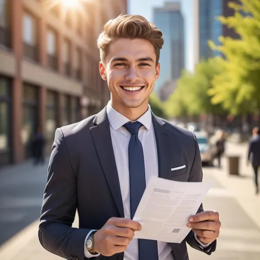 Prompt: A realistic photo of a hansom young man who was just hired for his dream job on a sunny day