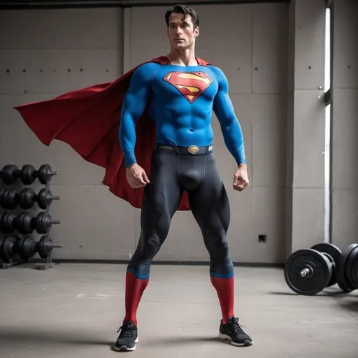 Prompt: Muscular Superman in compression shorts