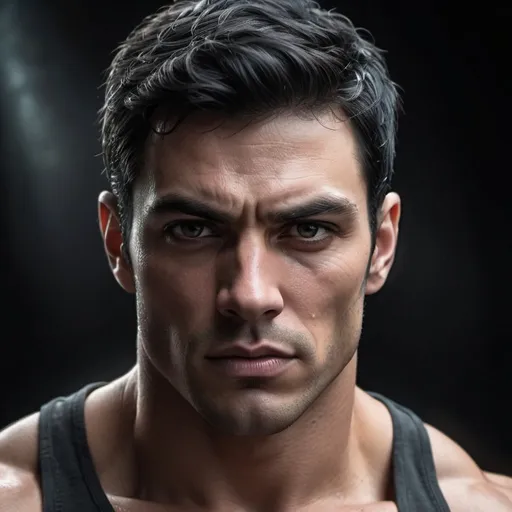 Prompt: Tall muscular guy with black hair and a grey streak, intense and brooding expression, high quality, realistic, dramatic lighting, dark and moody atmosphere, detailed facial features, strong and defined jawline, defined muscles, realistic rendering, masculine, intense gaze, professional art style, dark tones, atmospheric lighting