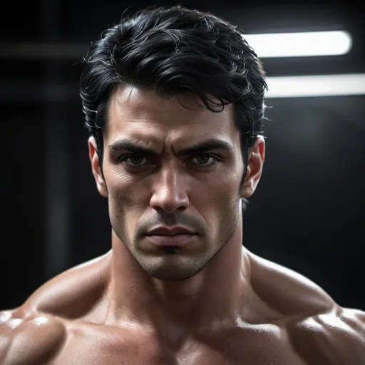 Prompt: Tall muscular guy with black hair and a grey streak, intense and brooding expression, high quality, realistic, dramatic lighting, dark and moody atmosphere, detailed facial features, strong and defined jawline, defined muscles, realistic rendering, masculine, intense gaze, professional art style, dark tones, atmospheric lighting