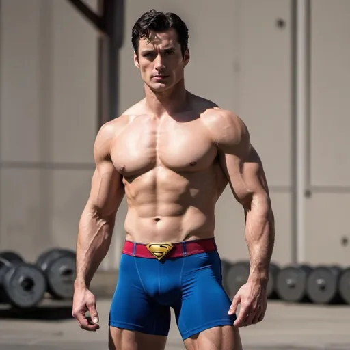 Prompt: Muscular Superman in compression shorts with no shirt 