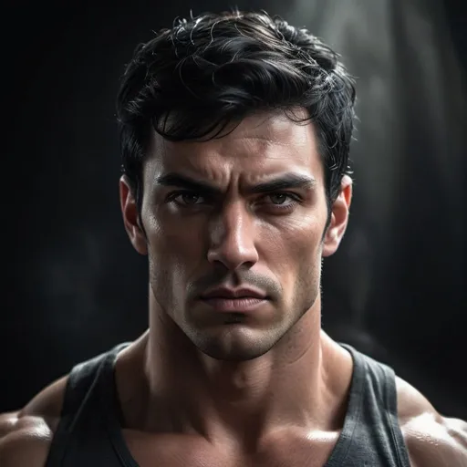 Prompt: Tall muscular guy with black hair and a grey streak, intense and brooding expression, high quality, realistic, dramatic lighting, dark and moody atmosphere, detailed facial features, strong and defined jawline, defined muscles, realistic rendering, masculine, intense gaze, professional art style, dark tones, atmospheric lighting