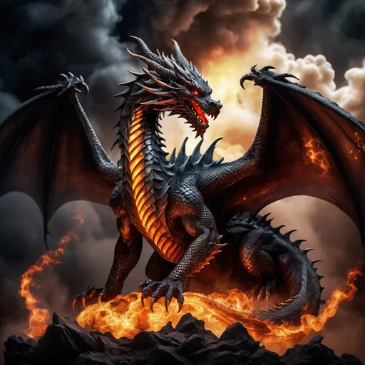 Prompt: (dark) God of Dragons, majestic dragon figure, detailed scales glimmering ominously, intense energy radiating from the eyes, surrounded by fiery smoke and shadows, dramatic lighting enhancing the solemn atmosphere, mysterious background filled with dark clouds, captivating yet foreboding aura, ultra-detailed, high quality.