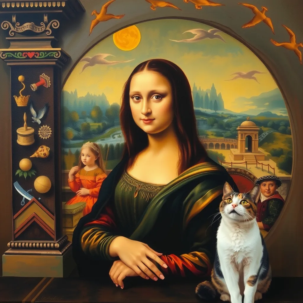 Prompt: A cat painting the Mona Lisa