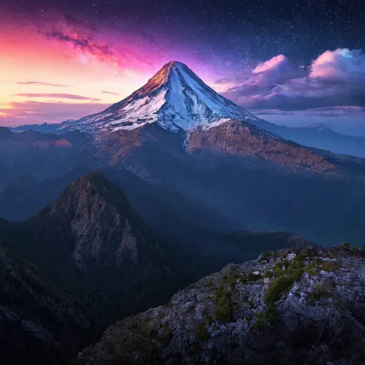 Prompt: (majestic mountain), breathtaking landscape, ethereal beauty, cosmic backdrop, celestial colors, vibrant sunset hues, surreal light play, intricate textures, extraordinary height, tranquil atmosphere, dreamy horizon, star-studded sky, ultra-detailed, high definition, harmonious nature, awe-inspiring scenery, mystical aura, expansive mountainscape.