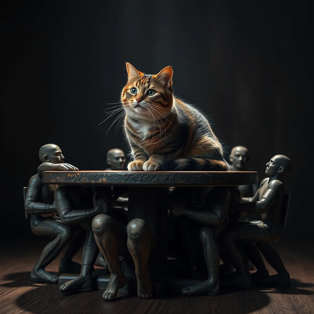 Prompt: (cat sitting on a table made of humans), whimsical concept, surreal elements, high contrast, intricate details, (unique structure of humans forming the table), playful atmosphere, interesting textures, light source casting fascinating shadows, (4K ultra-detailed), dreamlike ambiance, emphasizing the relaxing nature of the cat.