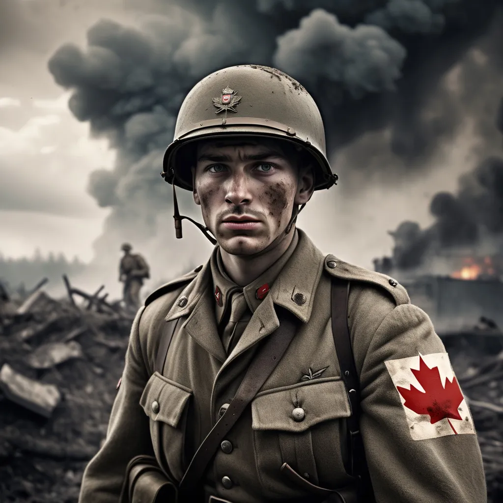 Prompt: (WW2 Canadian soldier on the front lines), heroic stance, detailed uniform with insignia, gritty battlefield, dramatic clouds overhead, muted earthy tones, smoke and debris in the air, intense expression, resilience and courage, dynamic composition, sharp focus, cinematic atmosphere, high-quality HD imagery, evoking a sense of honor and sacrifice.