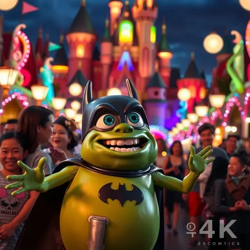 Prompt: (Mike Wazowski in Disneyland), joyful atmosphere, vibrant colors, playful setting, iconic Disneyland attractions in the background, thrilling energy, Batman interacting with guests and characters, cheerful expressions, whimsical ambiance, bright lights, high-quality 4K resolution, a blend of adventure and fun, contrasts of dark and light, magical landscape.