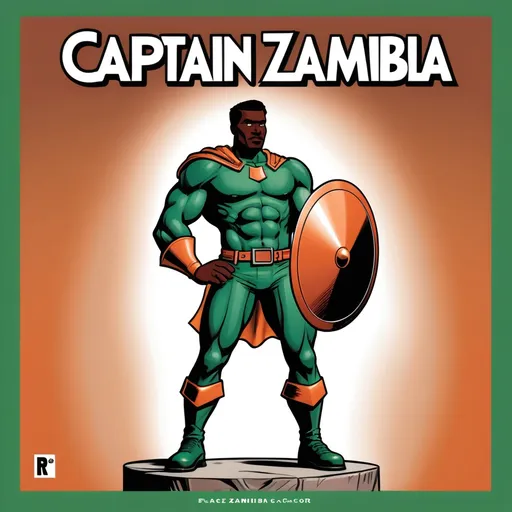 Prompt: Create a comic cover of a super hero called captain zambia holding a shield made of copper with a costume colored green,black,red and orange .make his posture look like hes about to take flight and his background be a crowd of people blurred out. Place the title "captain zambia" at the top in a copper font