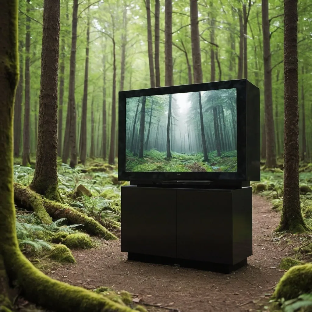 Prompt: Flatscreen television in a forest