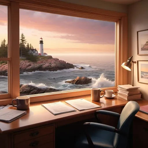 Prompt: (Looking out an office window onto a Maine coastline with lighthouse), photorealistic, dramatic light, warm golden hues, tranquil and serene atmosphere, ultradetailed scenery, pine trees and rocky shorelines, crashing waves, golden hour sky with shades of orange and pink, soft shadows inside the room, visible wooden desk with some documents and a coffee mug, high-resolution, 4K, award-winning photography quality, captivating seascape, coastal charm