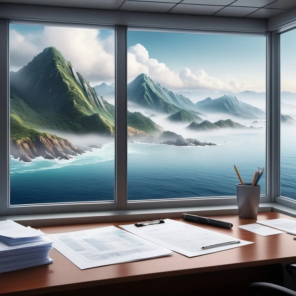 Prompt: Teams background of an Office window with high mountain and ocean view, misty day, realistic, papers on the desk, high quality, realistic, detailed mountain, detailed ocean, misty atmosphere, professional, atmospheric lighting