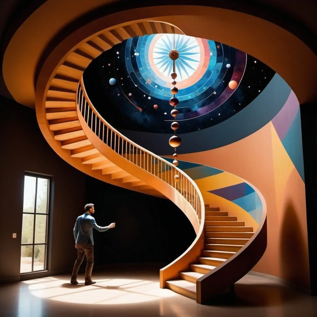 Prompt: A man climbs a spiraling staircase that connects to a large pendulum, swinging from left to right. The left side of the pendulum represents matriarchy, love, chaos, and nature, depicted with warm, organic colors and shapes like flowers and flowing water. The right side symbolizes masculinity, order, discipline, and seriousness, shown with cool, geometric colors and shapes like gears and straight lines. The pendulum's movement influences the man's climb, creating a sense of both struggle and progress.

As the scene zooms out, it reveals that the pendulum helps propel a spaceship forward through a dark, empty cosmos. In the distance, a bright, radiant light symbolizes the ultimate goal, enlightenment, or a higher purpose. The light contrasts sharply with the dark, star-filled space, creating a sense of vastness and direction.

The man and the staircase are in neutral tones to stand out against the contrasting sides, with the stairs marking significant milestones and challenges. The cosmos features distant stars, galaxies, and colorful nebulae, adding depth and wonder to the scene. The motion of the pendulum is captured with slight blurs and motion lines, while the light from the goal softly illuminates parts of the pendulum and stairs, guiding the journey.