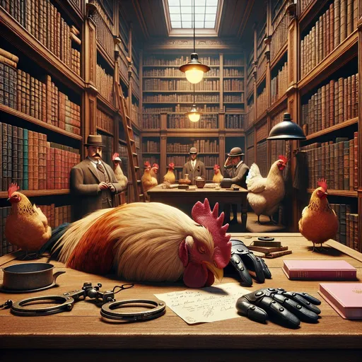 Prompt: Create an image of a dead rooster sitting at a wooden table in a quiet library. The rooster's body is slumped over, with its head resting on the table, eyes closed. The library is filled with tall bookshelves lined with old books, and the scene is lit by the soft, warm glow of antique lamps. On the table, there should be a pink notebook, a pair of gauntlets, and a letter. In the area around the table, there are six hens, one of them wearing a crown. Between the shelves, there are cartoon images of Sherlock Holmes and Watson hiding and peeking out. The overall mood should be somber and serene, with a touch of mystery.