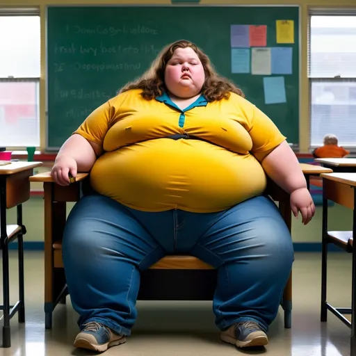 Prompt: Full body of a massively engorged and morbidly obese young American woman, heavily bloated, sleepily overeating in a classroom, bloated and overfed to the point of sleep, stuffed completely full and heavy, photorealistic, surreal and exaggerated proportions, ultra-detailed, vibrant colors, warm tones, atmosphere of indulgence and excess, sunlight streaming through classroom windows, HD quality.